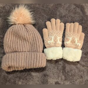 Youth or Woman's Pink Knit Pom Beanie and Reindeer Gloves Set
